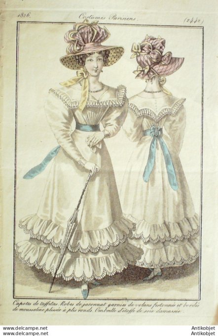 Gravure de mode Costume Parisien 1826 n°2442 Robes de Jaconnat capotes de taffetas