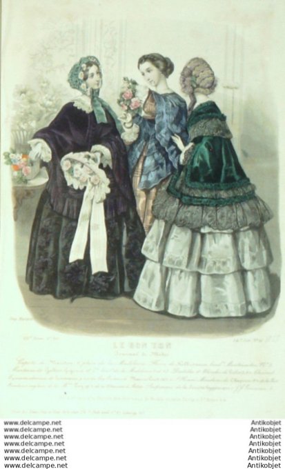 Gravure Mode Le Bon Ton 1852 19 # 21 (aquarelle old fashion plate)