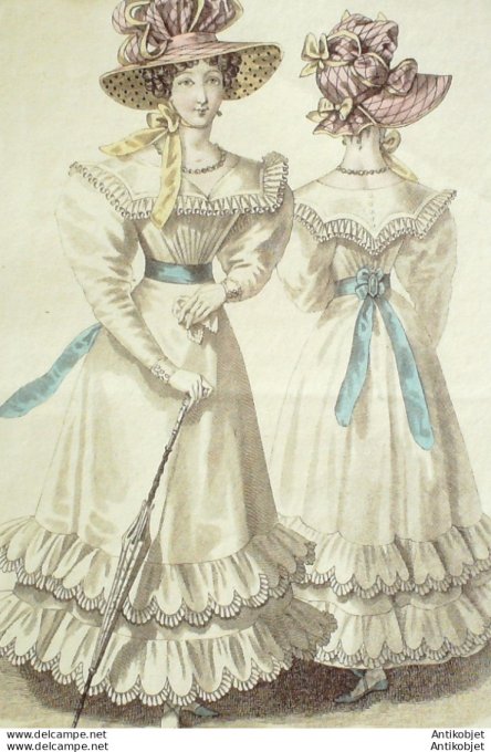 Gravure de mode Costume Parisien 1826 n°2442 Robes de Jaconnat capotes de taffetas