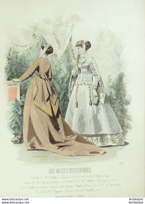 Gravure Les Modes Parisiennes 1865 #1264 Robes coton rayé Maison Pieffort