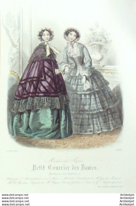 Gravure Mode Courrier des Dames 1852 # 2633 (eau forte old Fashion plate)