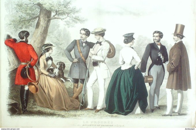 Gravure de Mode originale Le Progres 1855 # 68 (Maison Desprey) Costumes chasse Amazone