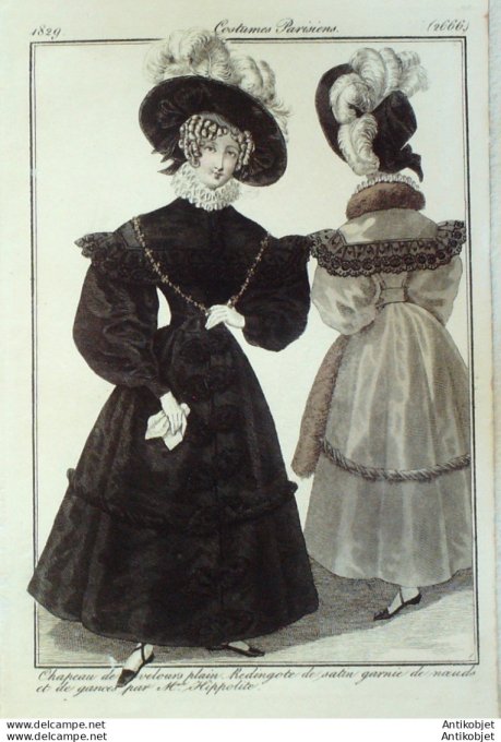 Gravure de mode Costume Parisien 1829 n°2666 Redingote satin noeuds et de gances