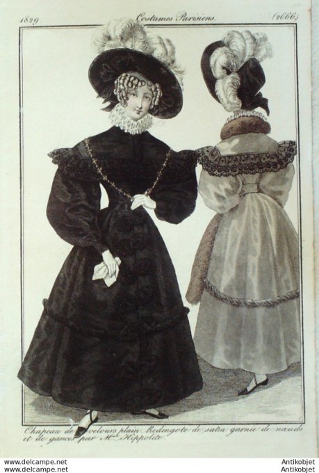Costume Parisien 1829 # 2666 Redingote satin noeuds et de gances