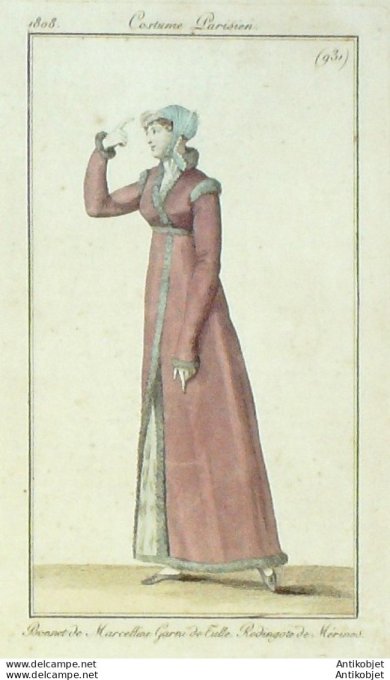 Gravure de mode Costume Parisien 1808 n° 931 Redingote de Mérinos