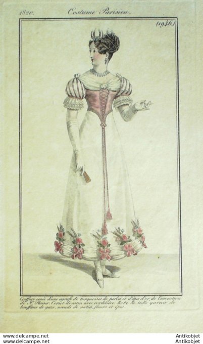 Gravure de mode Costume Parisien 1820 n°1946 Robe de tulle garnie de bouffons