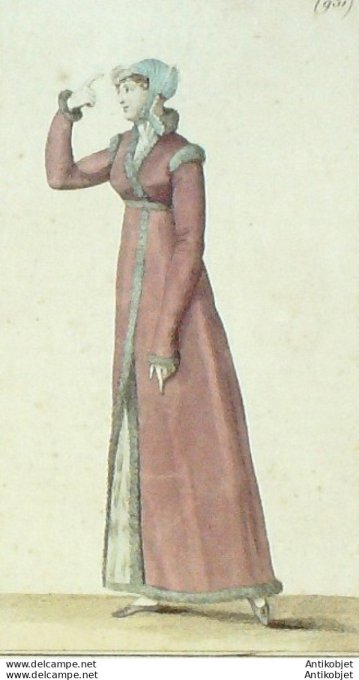 Gravure de mode Costume Parisien 1808 n° 931 Redingote de Mérinos
