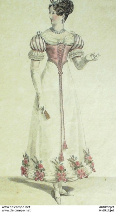 Gravure de mode Costume Parisien 1820 n°1946 Robe de tulle garnie de bouffons