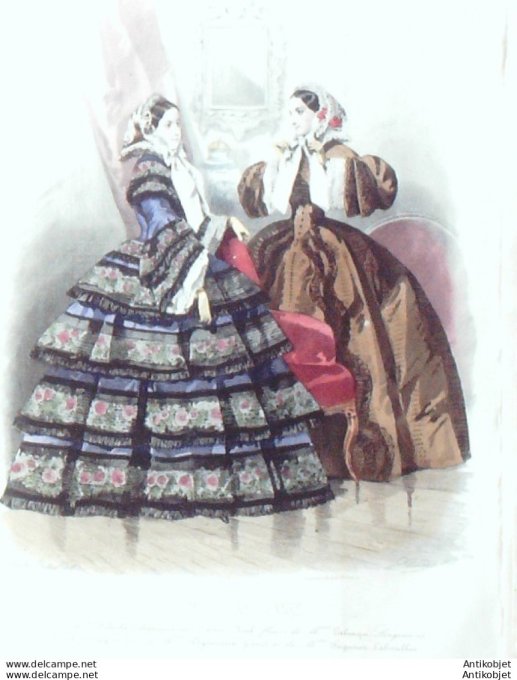 Gravure Les Modes Parisiennes 1852 # 709 Robes de gros de Naples ornées de rubans
