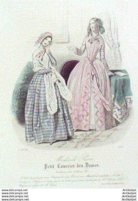 Gravure Mode Courrier des Dames 1845 # 2105 (eau forte old Fashion plate)