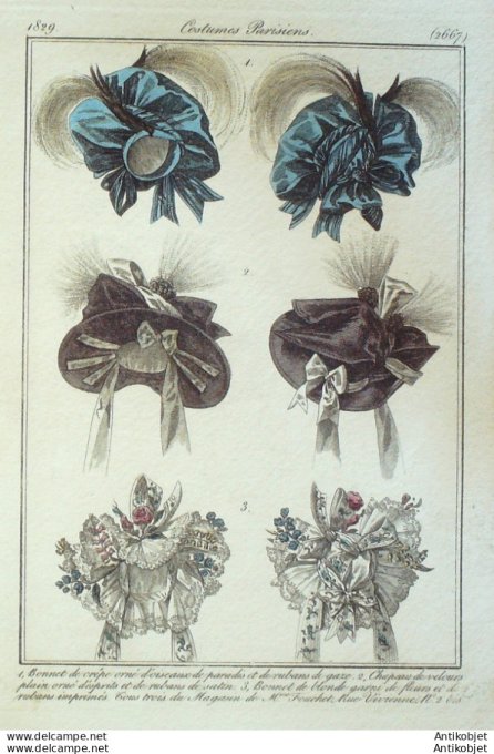 Costume Parisien 1829 # 2667 Bonnets crêpe et blonde chapeaux