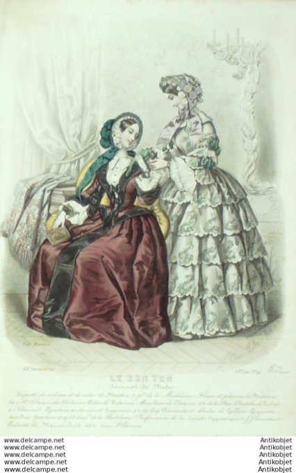 Gravure Mode Le Bon Ton 1852 19 #  9 (aquarelle old fashion plate)