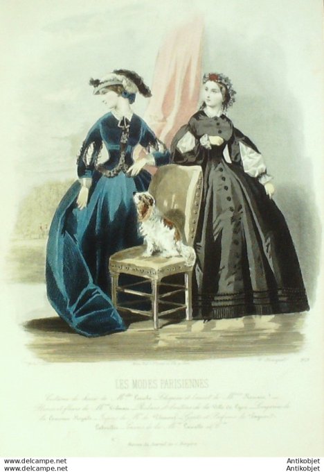 Gravure Les Modes Parisiennes 1861 # 979 Robe de chasse Maison Leriche Chien