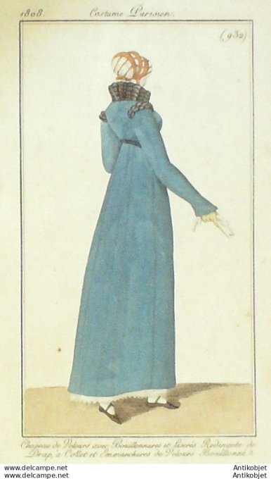 Gravure de mode Costume Parisien 1808 n° 932 Redingote de drap à collet