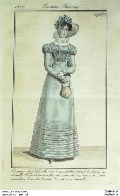 Gravure de mode Costume Parisien 1820 n°1947 Robe de bourre de soie