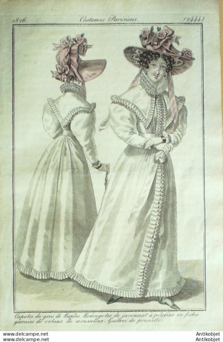 Gravure de mode Costume Parisien 1826 n°2444 Redingotes de Jaconnat