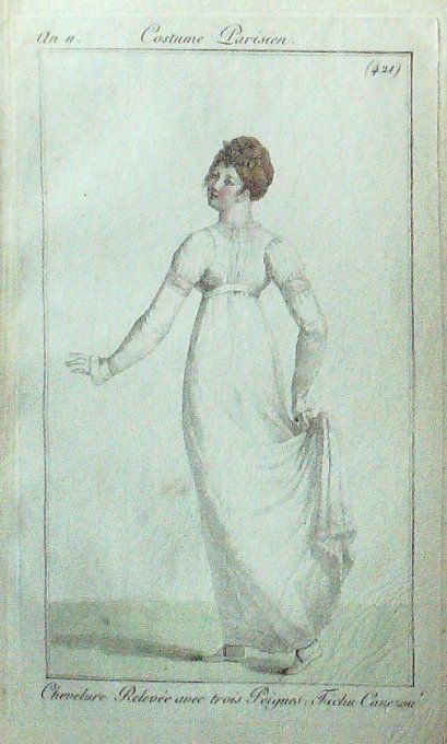 Gravure Mode Costume Parisien 1802 an 10 # 421 (eau forte old Fashion plate