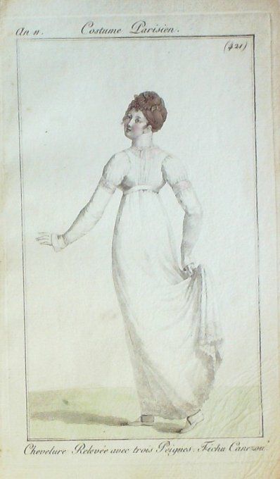 Gravure Mode Costume Parisien 1802 an 10 # 421 (eau forte old Fashion plate
