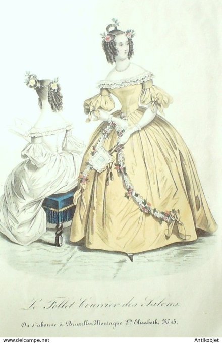 Gravure Mode Le Follet 1830 # 223 (aquarelle Old Fashion plate)