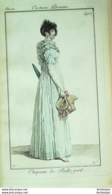 Gravure de mode Costume Parisien 1803 n° 471 (An 11) Chapeau de paille perlé