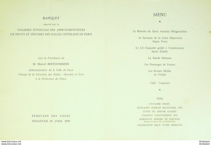 Menu Banquet 1959 Marcel Berthommoer Dessin Jean Paris