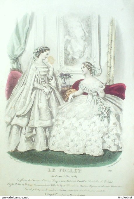 Gravure Mode Le Follet 1860 # 2145 (aquarelle Old Fashion plate)