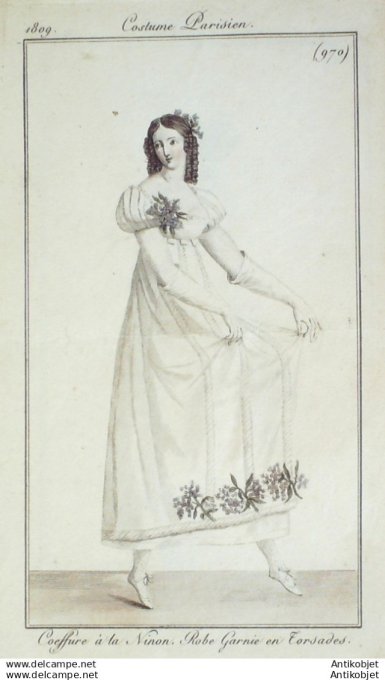 Gravure Mode Costume Parisien 1809 #  970 (eau forte old Fashion plate