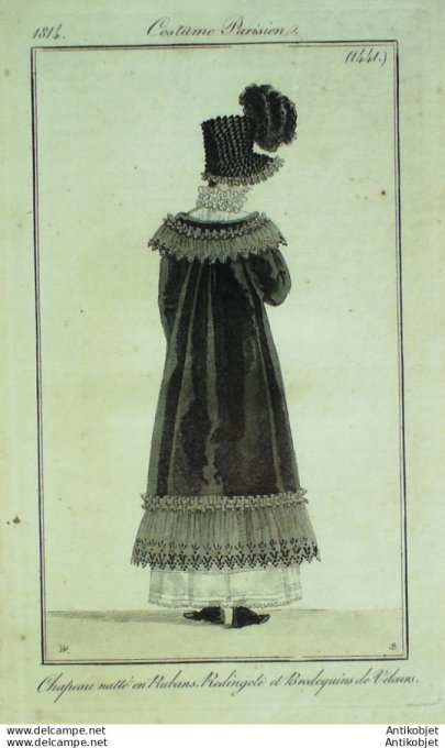 Gravure de mode Costume Parisien 1814 n°1441 Redingote et brodequins velours