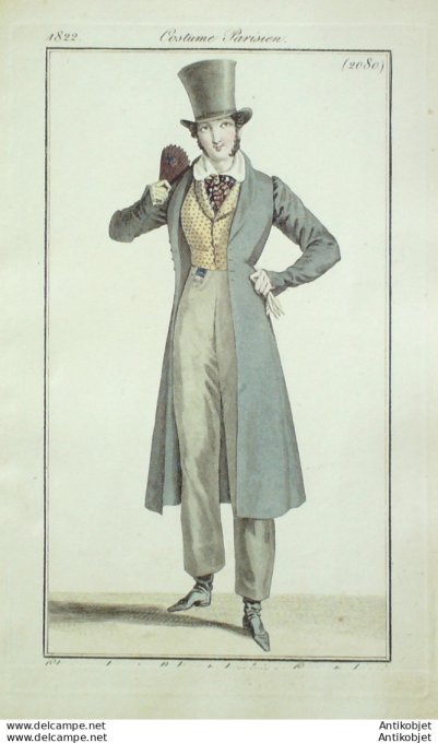 Gravure de mode Costume Parisien 1822 n°2080 Redingote de drap homme gilet