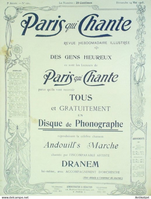 Paris qui chante 1905 n°121 Dranem Deval Sinoël Strit Fauvette Dorvel Bonneville