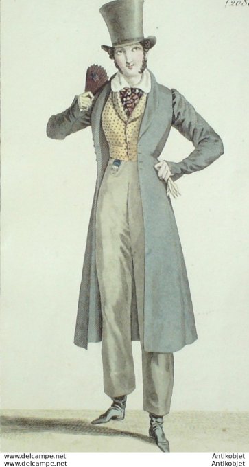 Gravure de mode Costume Parisien 1822 n°2080 Redingote de drap homme gilet