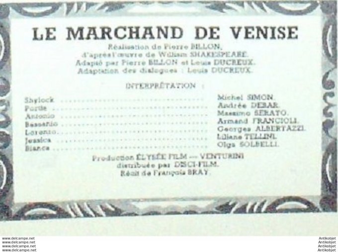 Le marchand De Venise Andree Debar Michel Simon