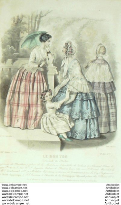 Gravure Mode Le Bon Ton 1852 19 #  7 (aquarelle old fashion plate)