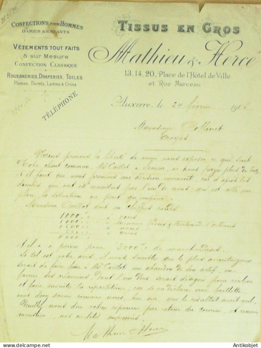 Facture Mathieu & Hercé (tissus grossiste) 1905 Auxerre (89)