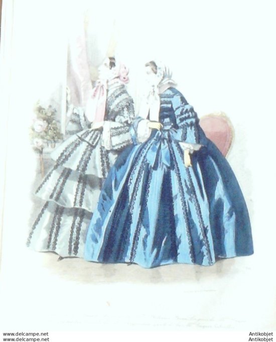 Gravure Les Modes Parisiennes 1853 # 711 Robes de satin Maison Fauvet