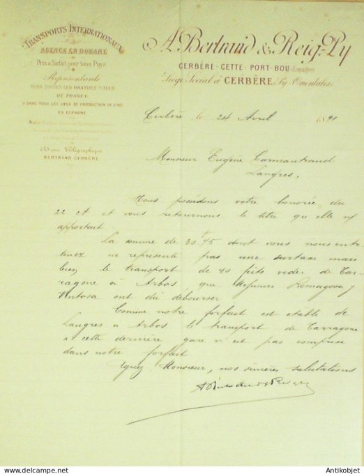 Lettre Ciale A.Bertrand & Reig-Ly (Transports) 1891 à Cerbère (66)