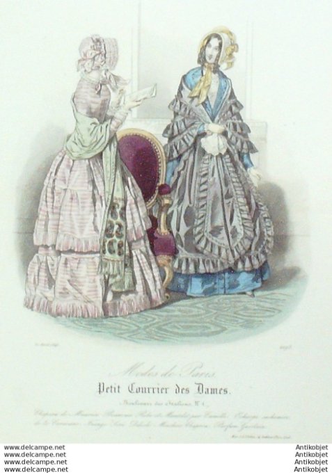 Gravure Mode Courrier des Dames 1845 # 2095 (eau forte old Fashion plate)
