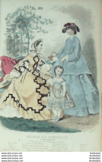 Gravure Mode Magasin Demoiselles 1862 #  5 (aquarellee Old Fashion plate)