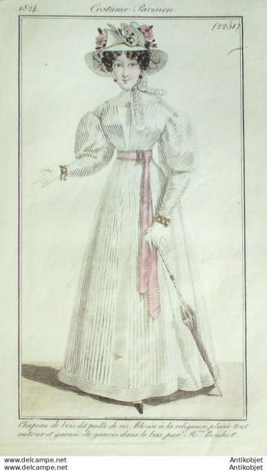 Gravure de mode Costume Parisien 1824 n°2251 Blouse à la Religieuse plissée gances