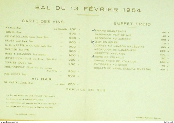Menu banquet Officers de Reserve d'Epernay (51) 1954