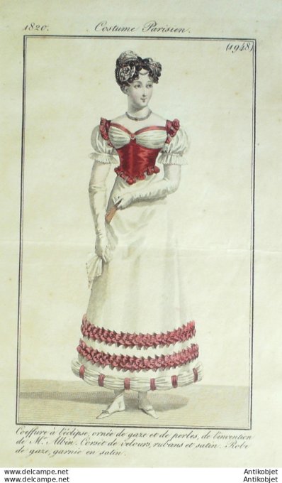 Gravure de mode Costume Parisien 1820 n°1948 Corset velours  Robe de gaze