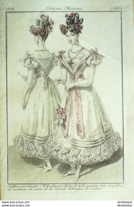 Gravure de mode Costume Parisien 1826 n°2445 Robes de tulle garnies d'un bouillon  satin