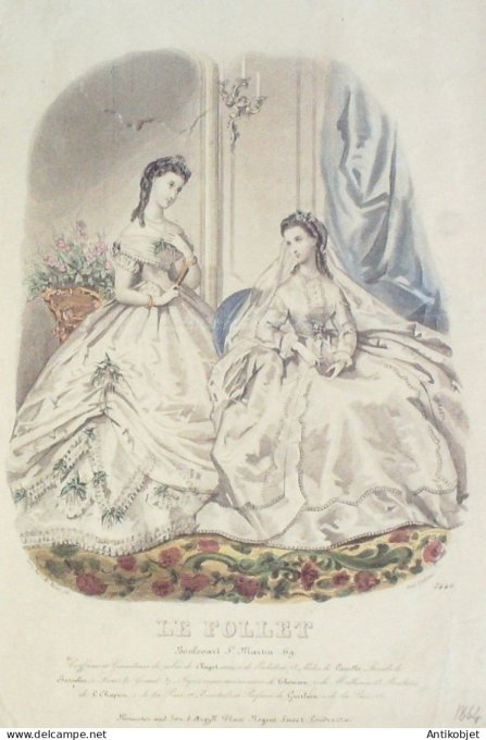 Gravure Mode Le Follet 1864 # 2440 (aquarelle Old Fashion plate)