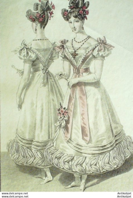 Gravure de mode Costume Parisien 1826 n°2445 Robes de tulle garnies d'un bouillon  satin