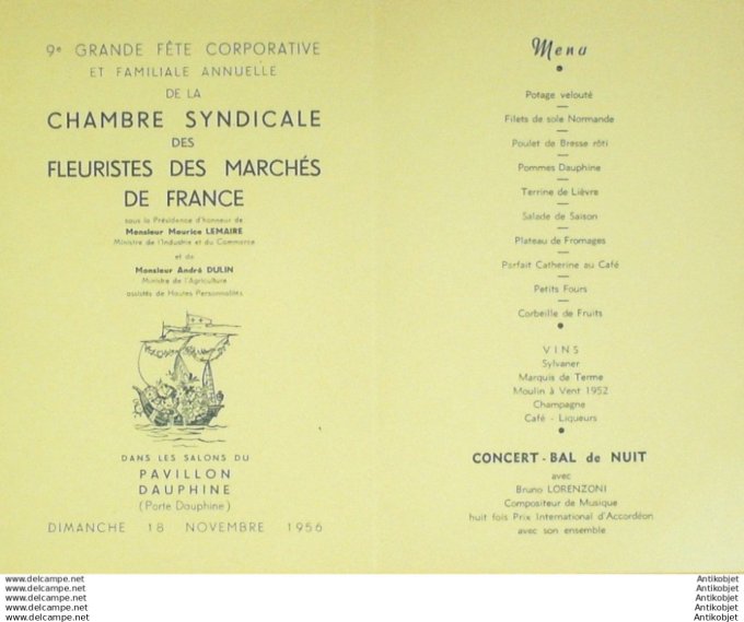 Menu Banquet Pavillon Dauphine  (chambre syndicale des fleuristes) 1956