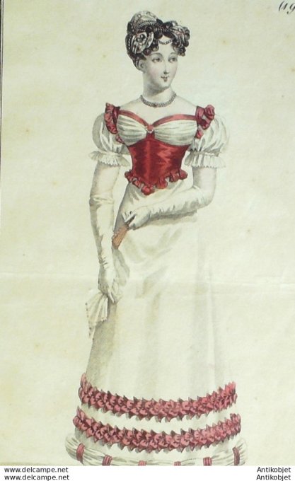 Gravure de mode Costume Parisien 1820 n°1948 Corset velours  Robe de gaze