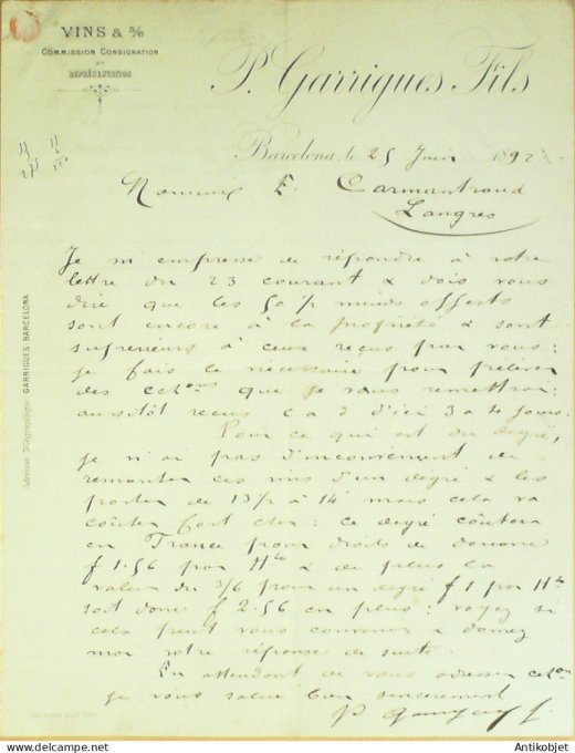 Lettre Ciale P.Garrigues fils (vins) 1892 à Barcelone