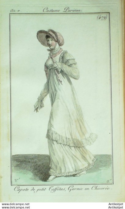 Gravure de mode Costume Parisien 1803 n° 479 (An 11) Capote de petits taffetas