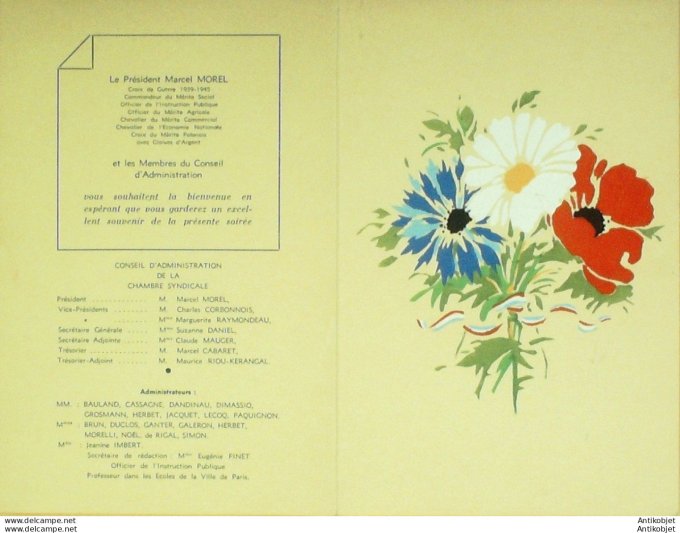 Menu Banquet Pavillon Dauphine  (chambre syndicale des fleuristes) 1956