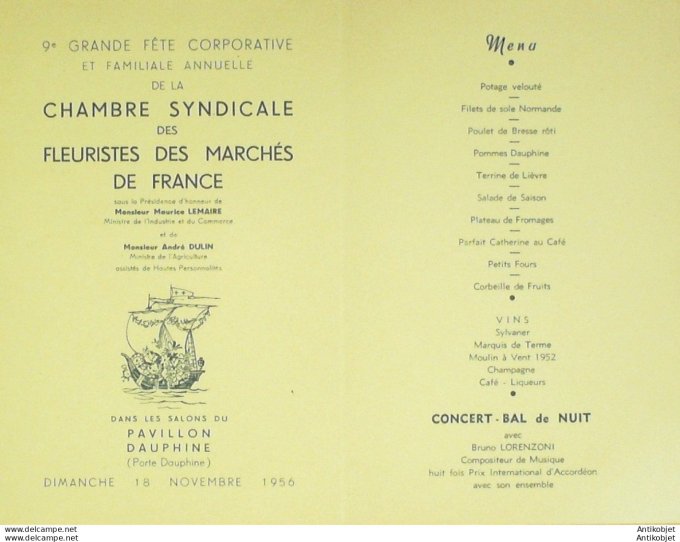 Menu Banquet Pavillon Dauphine  (chambre syndicale des fleuristes) 1956